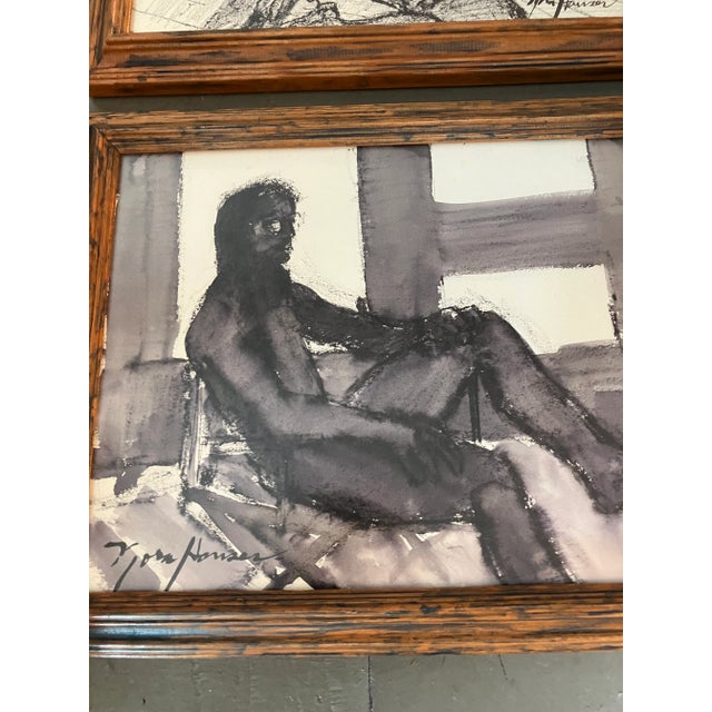 3 11 x 14 watercolor/Charcoal paintings on paper all signed Overall size with vintage wood frame is 13 x 16