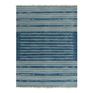 Rug & Kilim's Contemporary Dhurrie Rug in Blue and Off-White Stripes - 13x19 For Sale