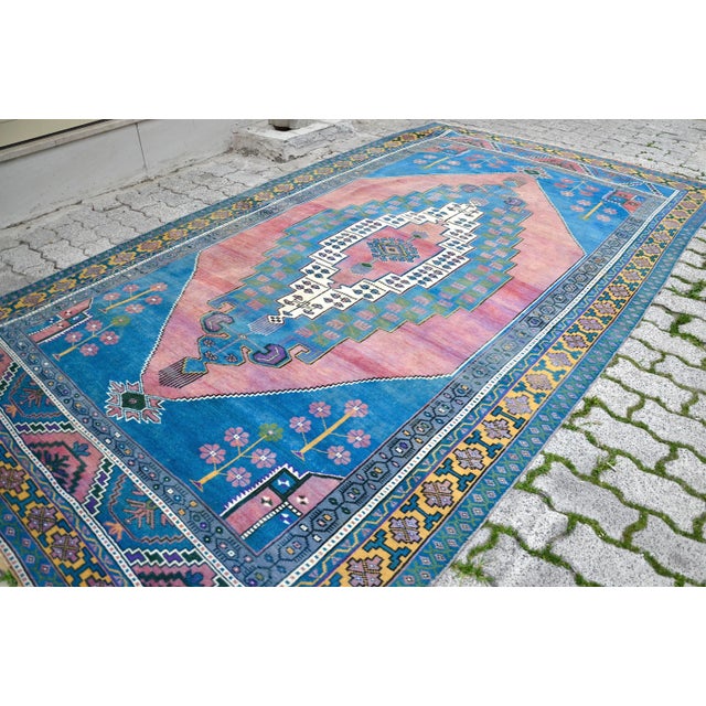 Turkish 1960s Vinage Blue Rug For Sale - Image 3 of 11