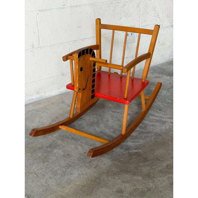 Pine Rocking Horse Toy With Red Seat Danish Mid-Century Modern 1960s For Sale - Image 10 of 10