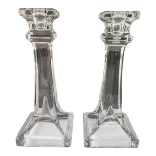 1940s Pair of Mid-Century Art Deco Style Pressed Glass Candlesticks, 7.25” For Sale