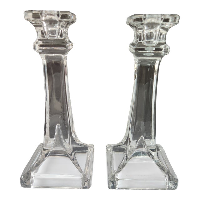 1940s Pair of Mid-Century Art Deco Style Pressed Glass Candlesticks, 7.25” For Sale