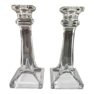 1940s Pair of Mid-Century Art Deco Style Pressed Glass Candlesticks, 7.25”