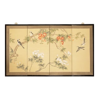 C. 1980s Maitland Smith, Painted Folding Screen "Magnolia and Sparrows" For Sale