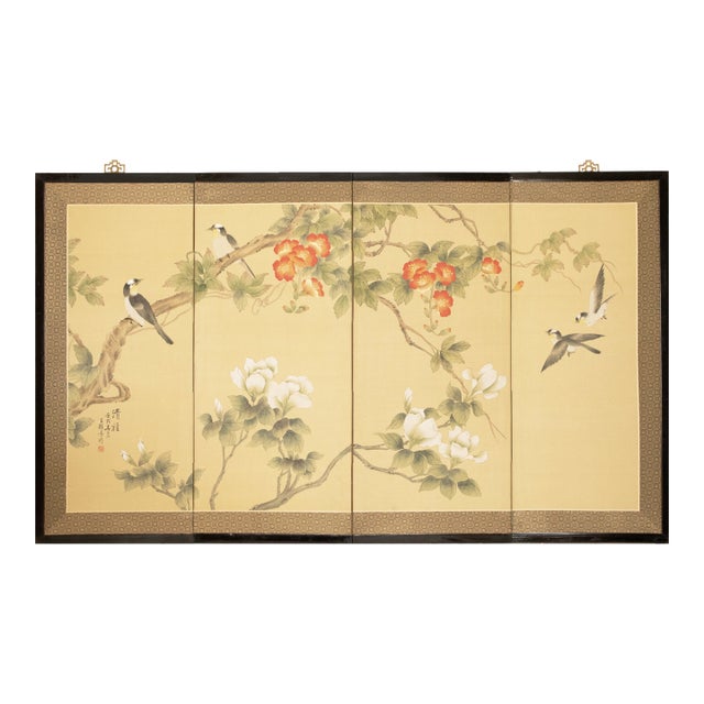C. 1980s Maitland Smith, Painted Folding Screen "Magnolia and Sparrows" For Sale