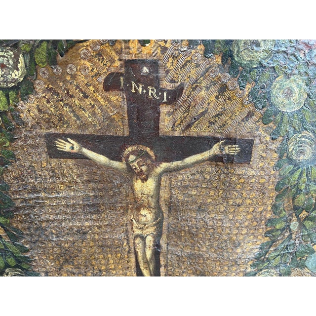 Antique French Gothic Devotional Cabinet Religious Painting Carved Oak Kneeler For Sale - Image 17 of 18