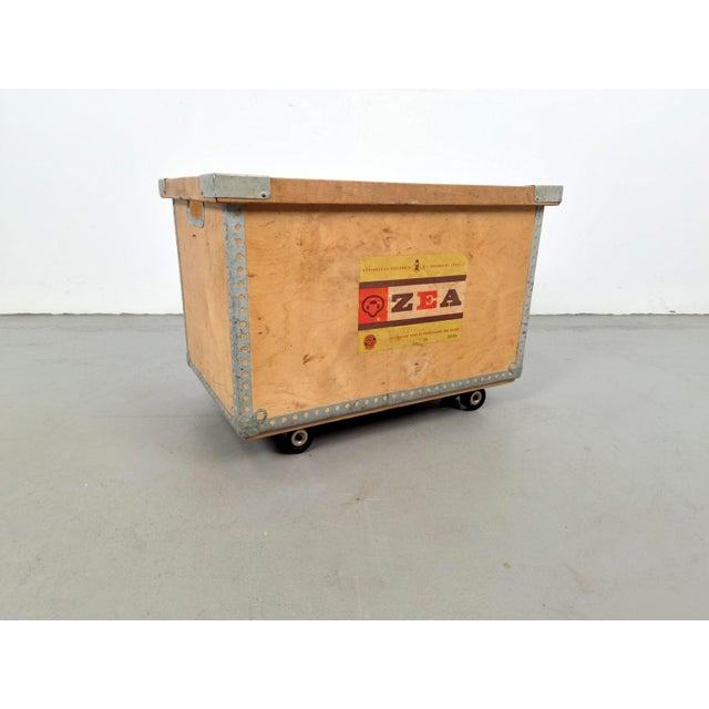 Large Wooden Chest on Casters with Metal-Reinforced Corners, 1960s For Sale - Image 9 of 9