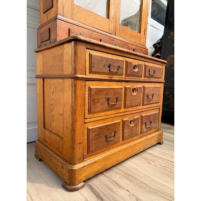 Early 1900s Architectural Oak Display Glass-Front Cabinet on Chest For Sale - Image 10 of 18