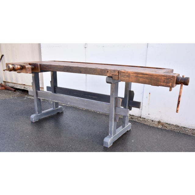 1910s Oak Trestle-Base Carpenter's and Joiner's Workbench, Circa 1910 For Sale - Image 5 of 12