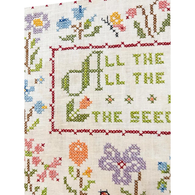 Mid 20th Century Vintage All the Flowers Cross Stitch Framed Art Sampler Floral Quote Black Frame For Sale - Image 5 of 5