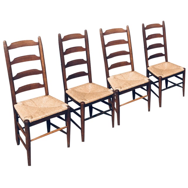 Rustic Ladder Back Oak and Rush Dining Chairs, 1960s, Set of 4 For Sale