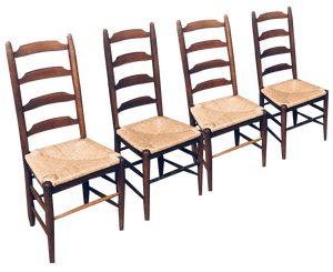 Rustic Ladder Back Oak and Rush Dining Chairs, 1960s, Set of 4