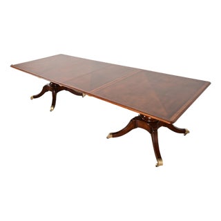 Baker Furniture Style Georgian Banded Mahogany Double Pedestal Extension Dining Table, Newly Refinished For Sale