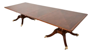 Baker Furniture Style Georgian Banded Mahogany Double Pedestal Extension Dining Table, Newly Refinished