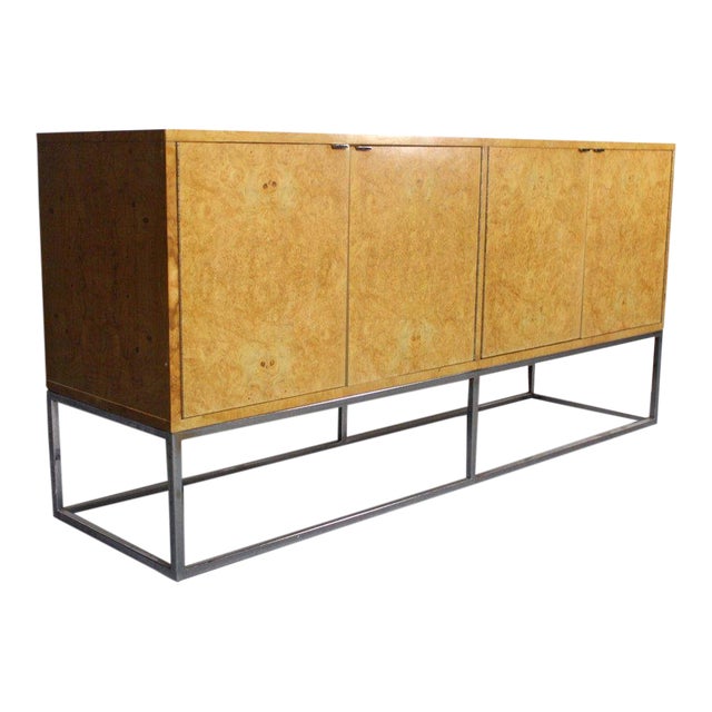 1970s Danish Modern Bernhardt Burlwood Credenza on a Chrome Base For Sale