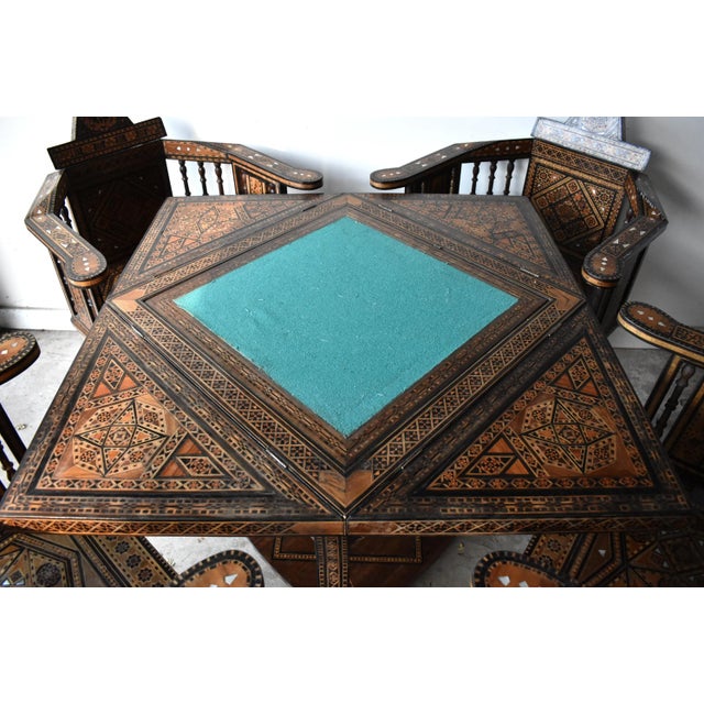 Traditional Antique Syrian Marquetry Inlay Card Table and 4 Chairs For Sale - Image 3 of 13