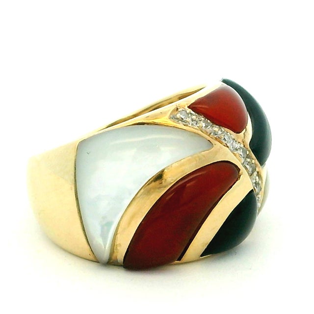 1990s Italian 14k Gold Mother-of-Pearl, Carnelian, Onyx & Diamond Statement Ring, Size 6.5 For Sale - Image 4 of 13