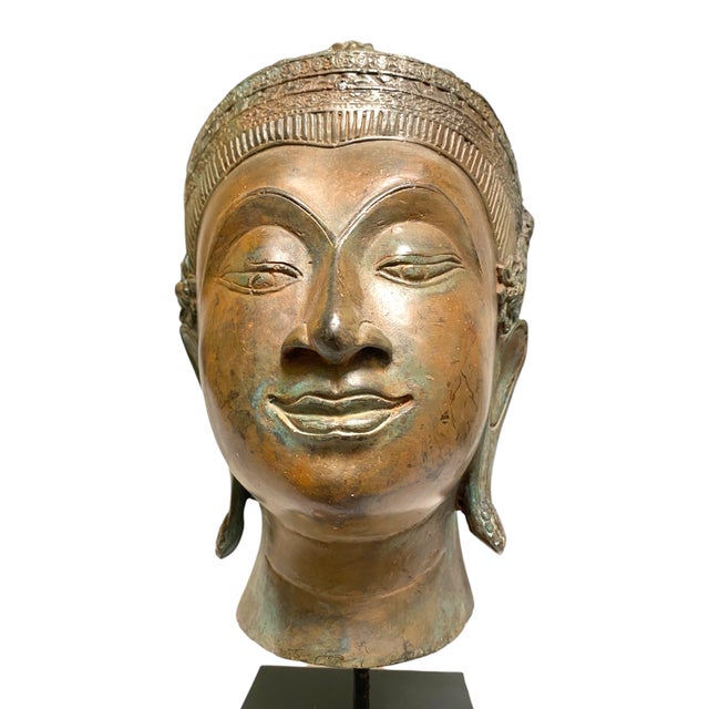 Asian Thai Bronze Buddha Head Statue Vintage Ayutthaya Style Bust Sculpture Decor For Sale - Image 3 of 18