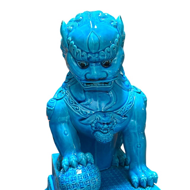 Ceramic Pair of 1960’s Mid Century Chinese Turquoise Porcelain Foo Dog Statues For Sale - Image 7 of 9