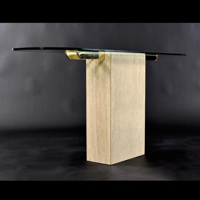 Maitland - Smith Maitland-Smith Style Brass and Glass Travertine Stone Pedestal Console Table For Sale - Image 4 of 11