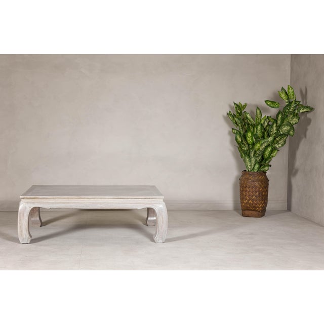 Mid 20th Century Teak Ming Style Whitewash Coffee Table with Chow Legs and Carved Apron For Sale - Image 5 of 12