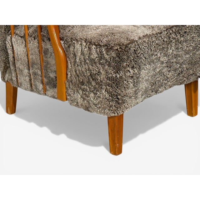 Swedish Modern, Lounge Chairs, Elm, Gray Shearling, Sweden, 1940s For Sale - Image 11 of 16