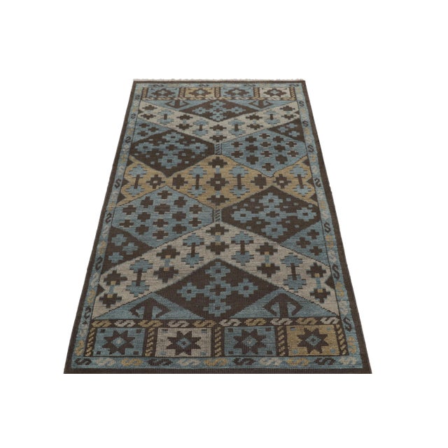 2010s Rug & Kilim’s Burano Runner Rug in Blue, Gold and Brown With Geometric Patterns For Sale - Image 5 of 8