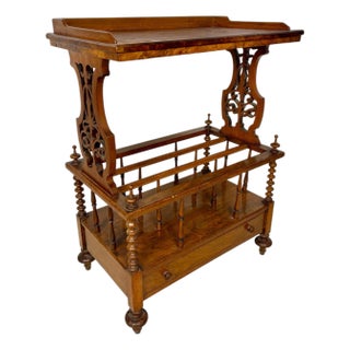1930s Victorian Walnut Canterbury Magazine Rack with Tray Top For Sale