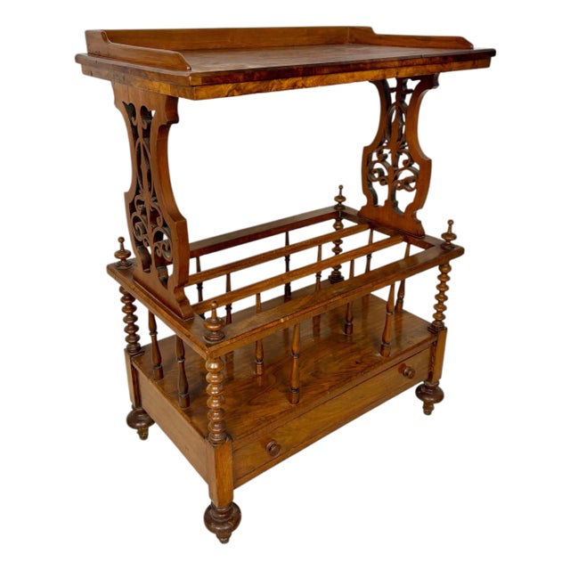 1930s Victorian Walnut Canterbury Magazine Rack with Tray Top For Sale