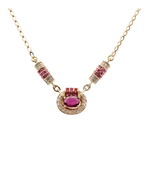 Vintage 2.70 Carat Oval Cut Ruby & Diamond 14k Yellow Gold Retro Chain Necklace