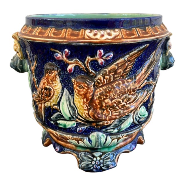 Antique Majolica Bird Planter Cache Pot Jardinière Cobalt Blue Wasmuël C1890 For Sale