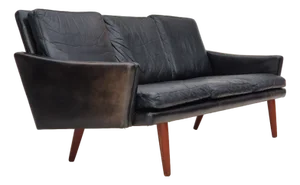 Danish 3 Seater Sofa in Leather & Teak Wood, 1970s