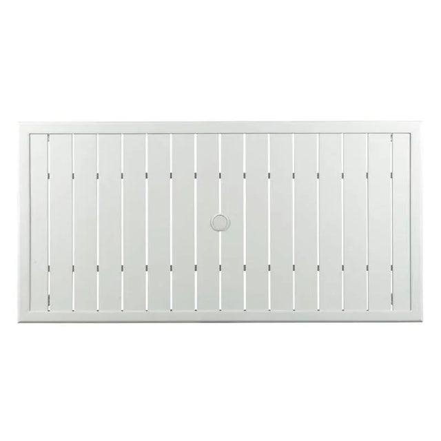 A rectangular slatted top fitted with an umbrella grommet rests over a powder coated aluminum base styled in the fashion...