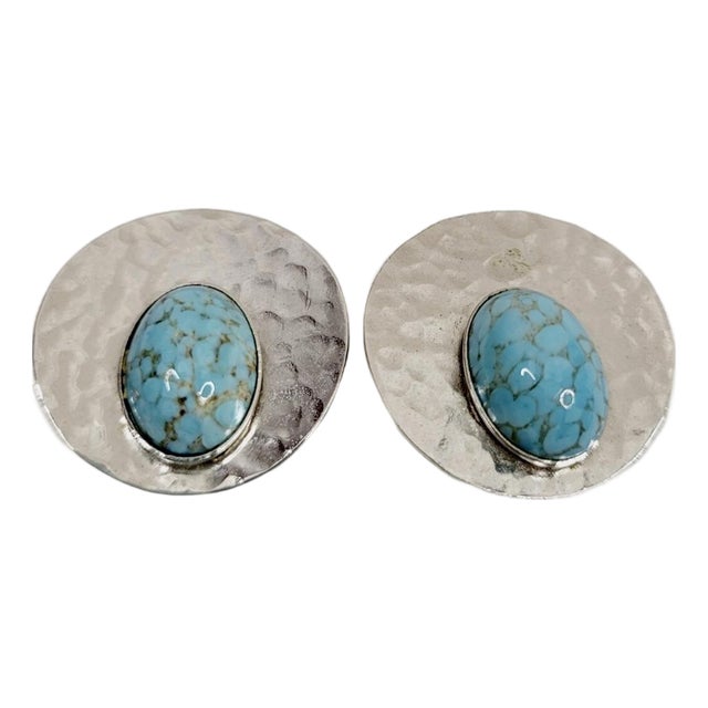 1950s Les Bernard Turquoise and Hammered Silver Earrings, A Pair For Sale