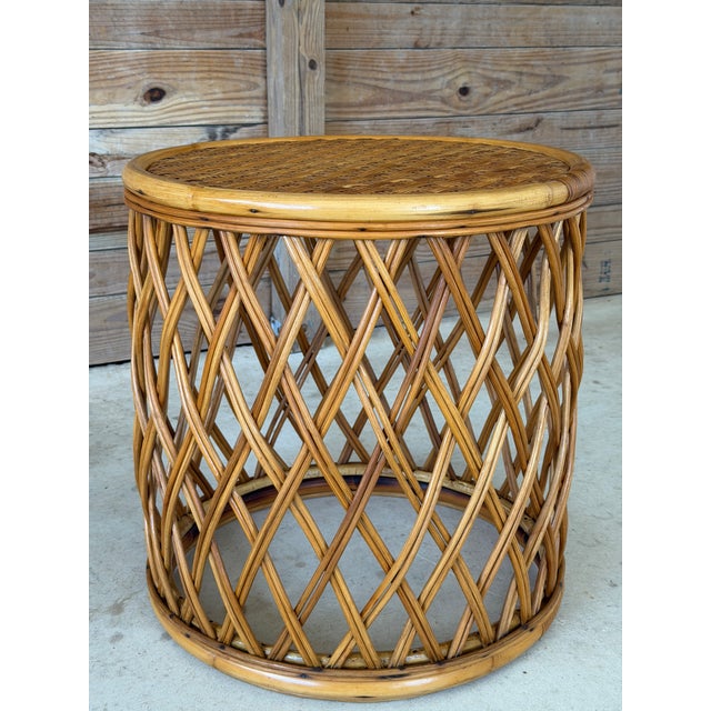 Vintage Boho Organic Modern Drum Form Rattan Side Table With Woven Top For Sale - Image 10 of 11