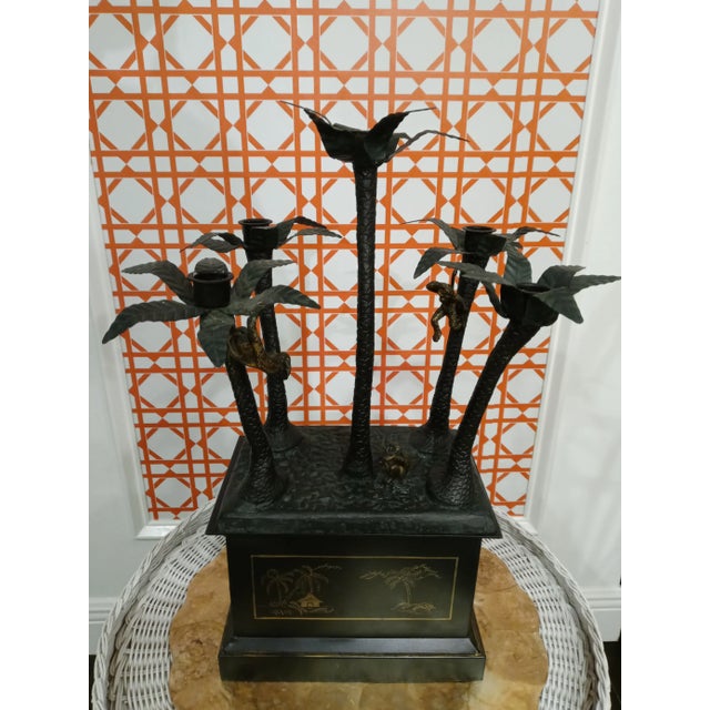 1980s Large Heavy Maitland Smith 5 Palm Tree Monkey Chinoiserie Candle Stick Holder For Sale - Image 5 of 11
