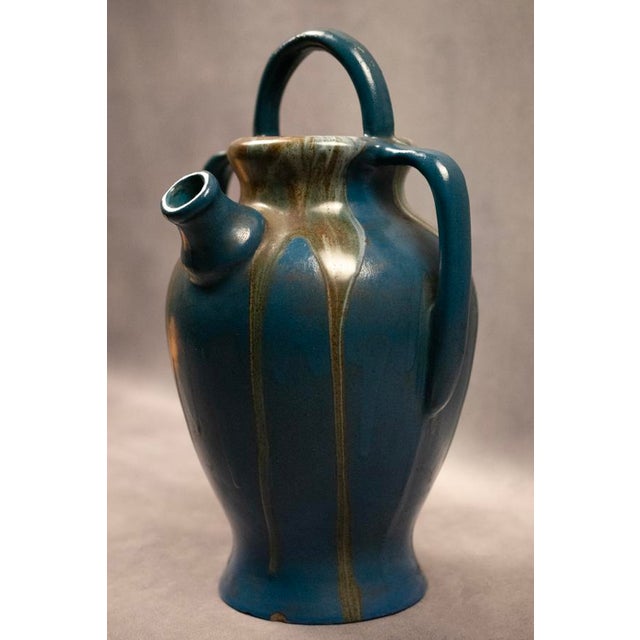 Large Art Nouveau Goat Figurine in Duck-Blue Glazed Stoneware with Drips by Léon Pointu for Saint-Amand-en-Puisaye, 1920s For Sale - Image 10 of 10