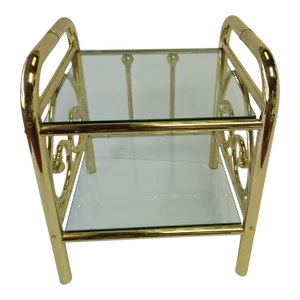 1980s Vintage Brass 2 Tier Art Deco Glass Shelving Nightstand