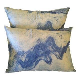Discontinued Pair of Blue Marbled Pillows With Down Fill For Sale