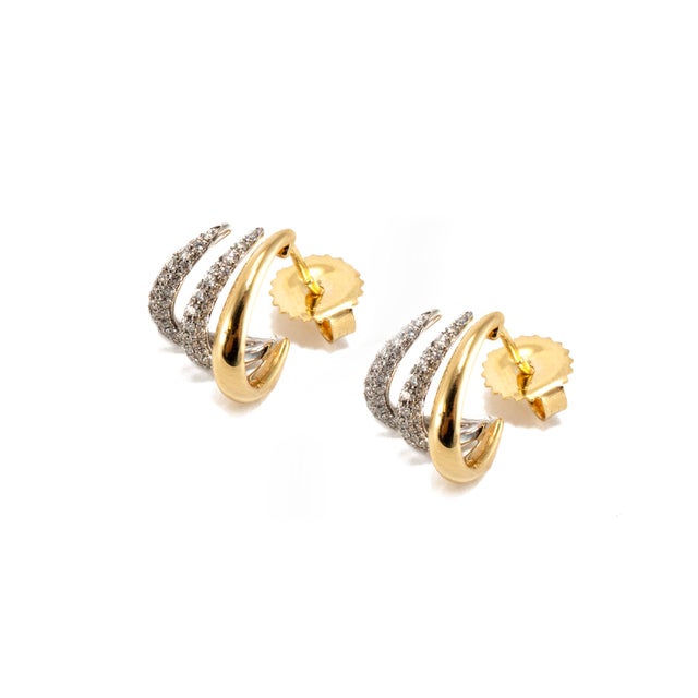 Modern Kwiat Orbit 18k Yellow & White Gold Pave Diamond Two Tone Hoop Huggie Earrings, A Pair For Sale - Image 3 of 7