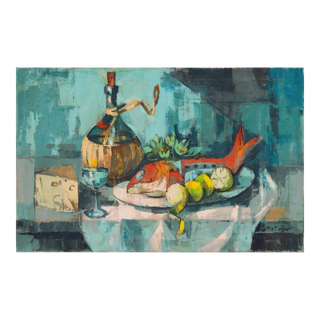 'Still Life With Fish & Chianti Bottle' by Sevenger, Mid-Century Oil For Sale