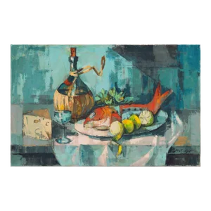 'Still Life With Fish & Chianti Bottle' by Sevenger, Mid-Century Oil