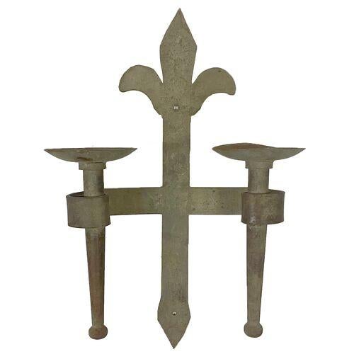 Gothic Pair Vintage Fleur De Lis Candle Wall Sconces For Sale - Image 3 of 4