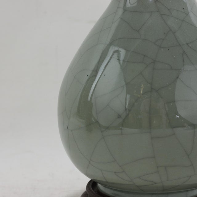 Vintage Celadon Crackle Glaze Porcelain Table Lamp Bottle Vase With Rosewood Base For Sale - Image 11 of 12