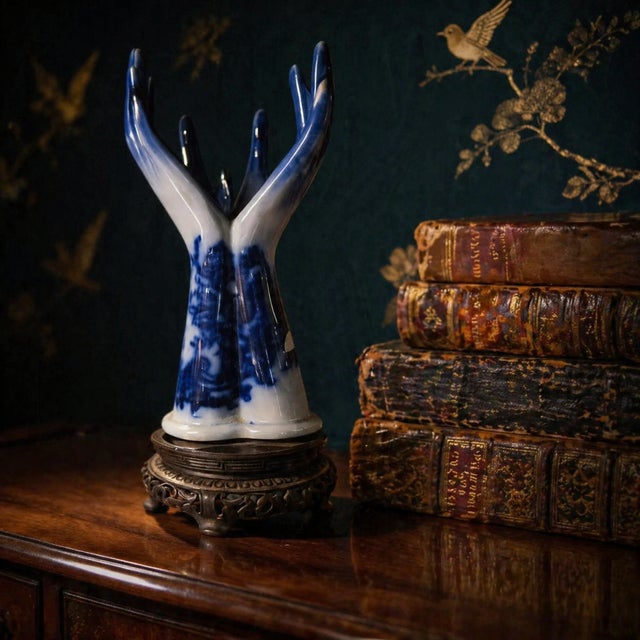 Blue Vintage Blue and White Porcelain Chinoiserie Flow Blue Hands Sculpture Vase on Ornate Base For Sale - Image 8 of 9