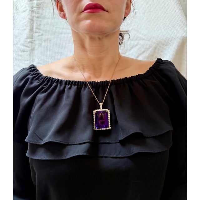 102 Ct Emerald Cut Amethyst & 5.5 Ct Diamond Pendant Necklace 14ky Gold + Chain For Sale In New York - Image 6 of 8