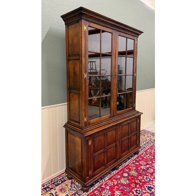 Antique English Large Bookcase Bookshelf Cabinet Double Door Glass Oak C. 1910s For Sale In Dallas - Image 6 of 18