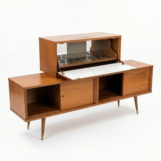 1960s Atomic Style Vintage Mid Century Modern Two Piece Bar Cabinet Sliding Buffet C. 1960s For Sale - Image 5 of 8