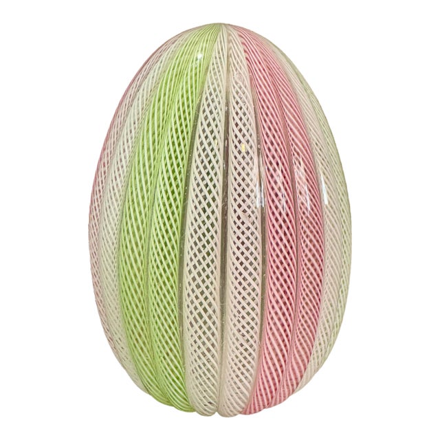 Vintage Murano Venetian Art Glass Zanfirico Latticino Egg Pink Green Paperweight For Sale
