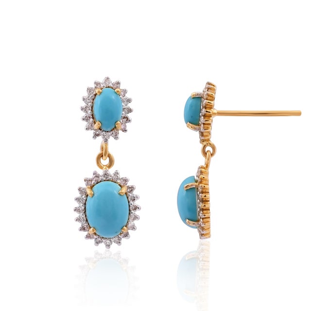 Metal Natural Turquoise 3.05cts & Diamond 0.60cts Earring in 14k Gold For Sale - Image 7 of 8